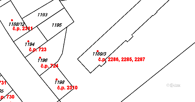 Znojmo 2285,2286,2287 na parcele st. 1189/3 v KÚ Znojmo-město, Katastrální mapa