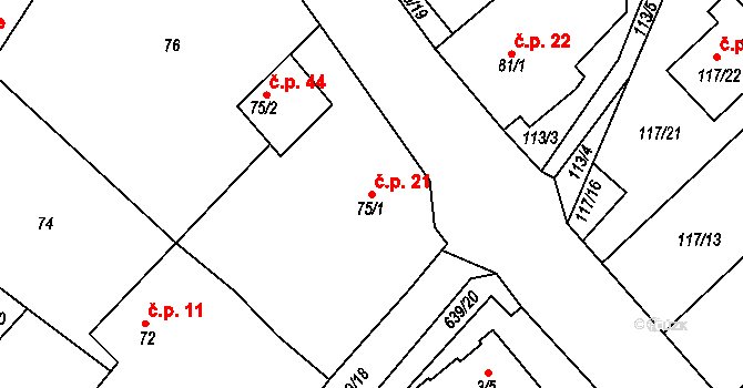 Doubravice 21 na parcele st. 75/1 v KÚ Doubravice u Českých Budějovic, Katastrální mapa