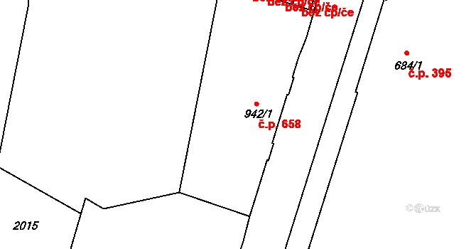 Jáchymov 658 na parcele st. 942/1 v KÚ Jáchymov, Katastrální mapa