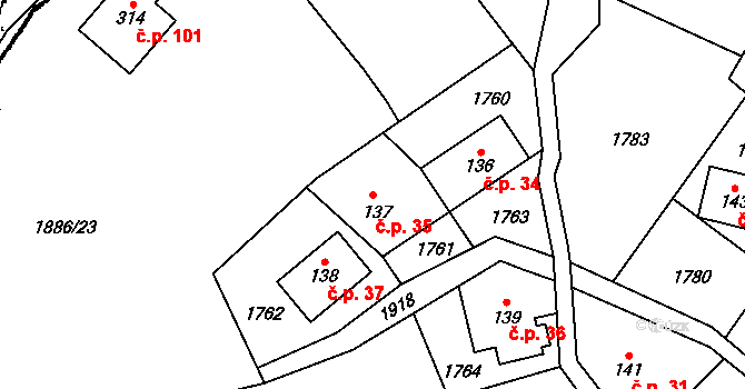 Vlastiboř 35 na parcele st. 137 v KÚ Vlastiboř u Železného Brodu, Katastrální mapa