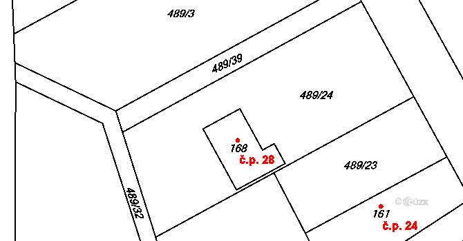 Viničná Lhota 28, Rožďalovice na parcele st. 168 v KÚ Ledečky, Katastrální mapa