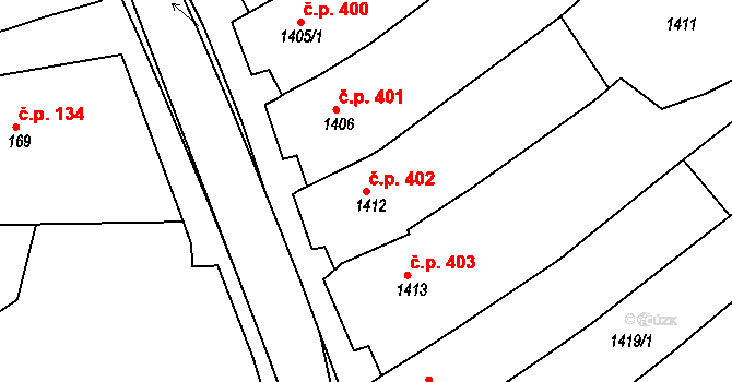 Dolní Bojanovice 402 na parcele st. 1412 v KÚ Dolní Bojanovice, Katastrální mapa
