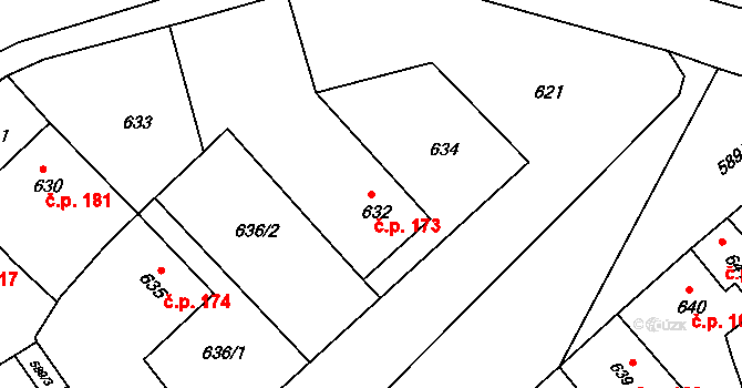 Šaratice 173 na parcele st. 632 v KÚ Šaratice, Katastrální mapa