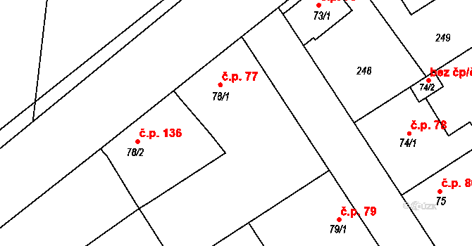 Podolanka 77 na parcele st. 78/1 v KÚ Podolanka, Katastrální mapa