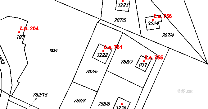 Ostravice 761 na parcele st. 3222 v KÚ Staré Hamry 2, Katastrální mapa