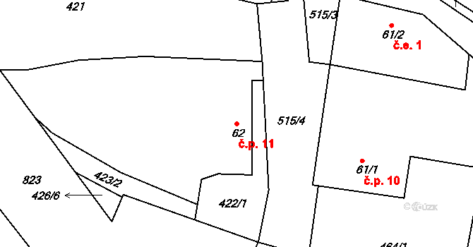 Jeřičky 11, Hořiněves na parcele st. 62 v KÚ Jeřičky, Katastrální mapa