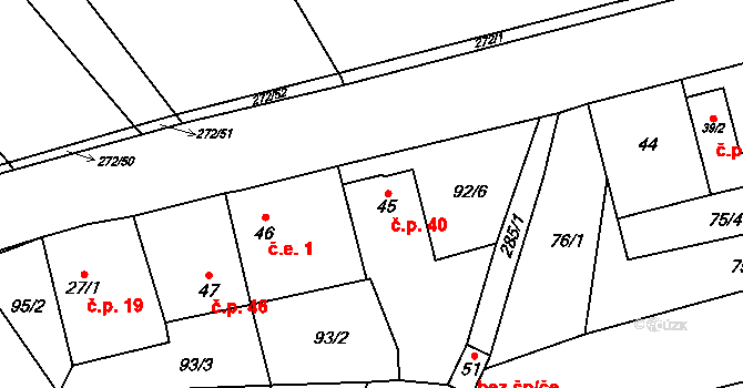 Hrabí 40, Bílá Lhota na parcele st. 45 v KÚ Hrabí, Katastrální mapa