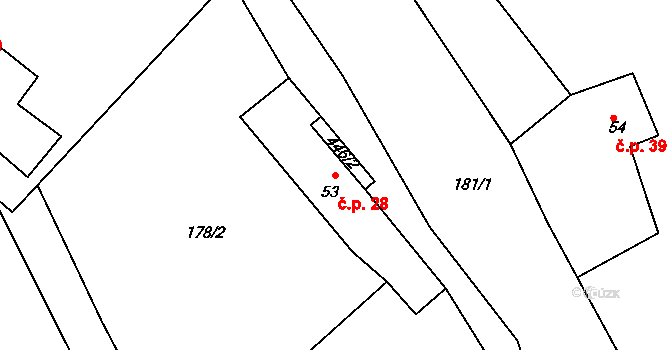 Roveň 28, Mladějov na parcele st. 53 v KÚ Roveň u Sobotky, Katastrální mapa