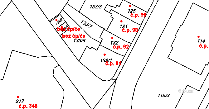 Miřetice u Klášterce nad Ohří 91, Klášterec nad Ohří na parcele st. 133/1 v KÚ Miřetice u Klášterce nad Ohří, Katastrální mapa