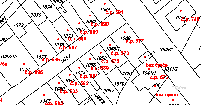 Pelhřimov 579 na parcele st. 1058 v KÚ Pelhřimov, Katastrální mapa