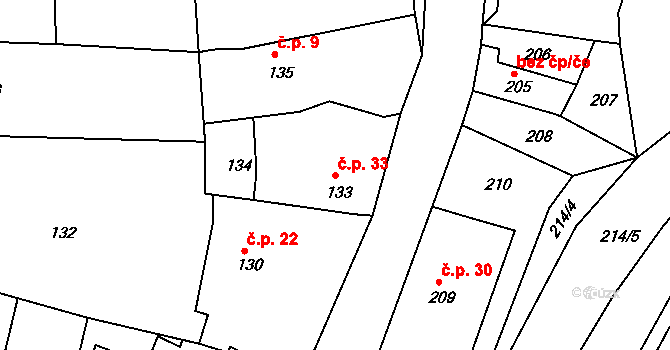 Brozánky 33, Hořín na parcele st. 133 v KÚ Brozánky, Katastrální mapa