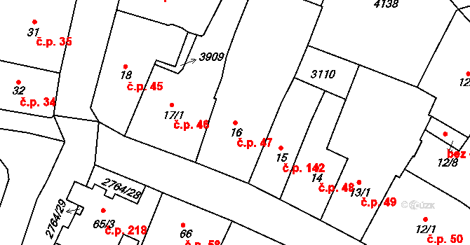 Střed 47, Rokycany na parcele st. 16 v KÚ Rokycany, Katastrální mapa