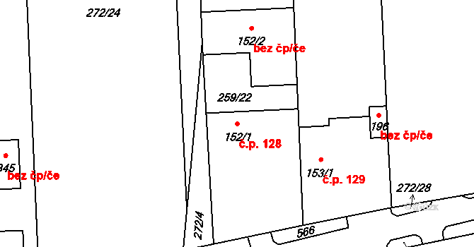Vlkava 128 na parcele st. 152/1 v KÚ Vlkava, Katastrální mapa