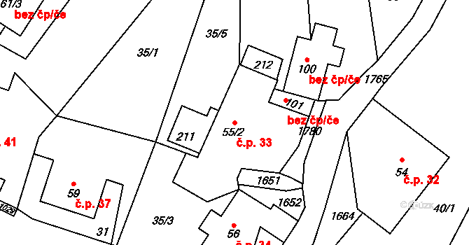 Verdek 33, Dvůr Králové nad Labem na parcele st. 55/2 v KÚ Verdek, Katastrální mapa