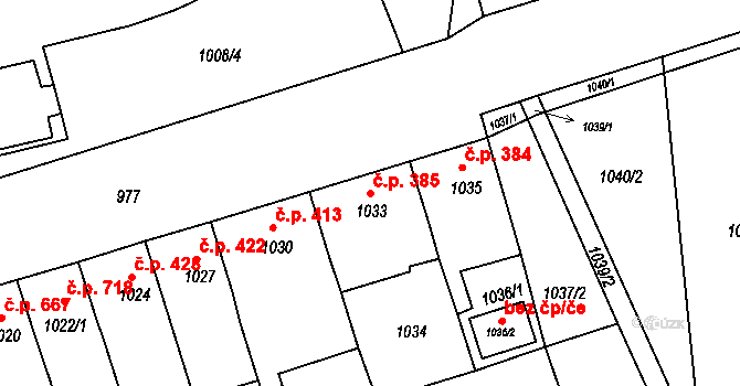 Jirkov 385 na parcele st. 1033 v KÚ Jirkov, Katastrální mapa