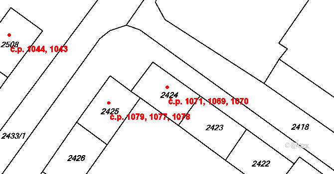 Jirkov 1069,1070,1071 na parcele st. 2424 v KÚ Jirkov, Katastrální mapa
