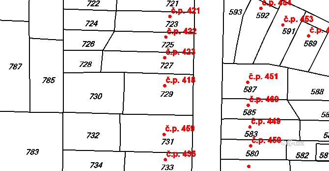 Střelice 418 na parcele st. 729 v KÚ Střelice u Brna, Katastrální mapa