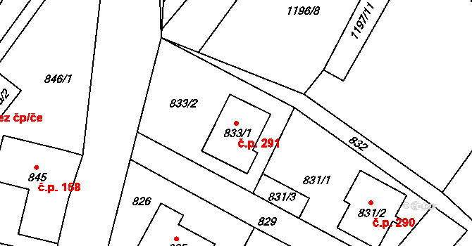 Zaječov 291 na parcele st. 833/1 v KÚ Zaječov, Katastrální mapa