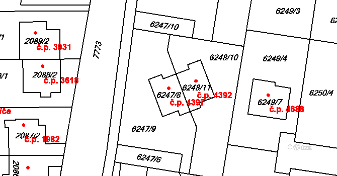 Prostějov 4397 na parcele st. 6247/8 v KÚ Prostějov, Katastrální mapa