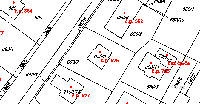 Hřebeč 526 na parcele st. 650/8 v KÚ Hřebeč, Katastrální mapa