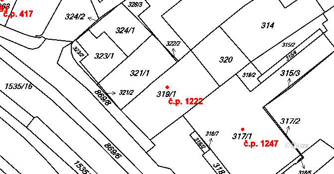 Komín 1222, Brno na parcele st. 319/1 v KÚ Komín, Katastrální mapa