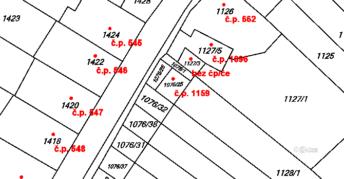 Oslavany 1159 na parcele st. 1076/25 v KÚ Oslavany, Katastrální mapa