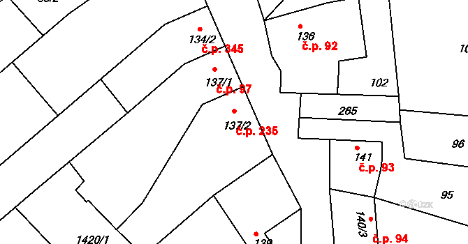 Křižanov 235 na parcele st. 137/2 v KÚ Křižanov, Katastrální mapa