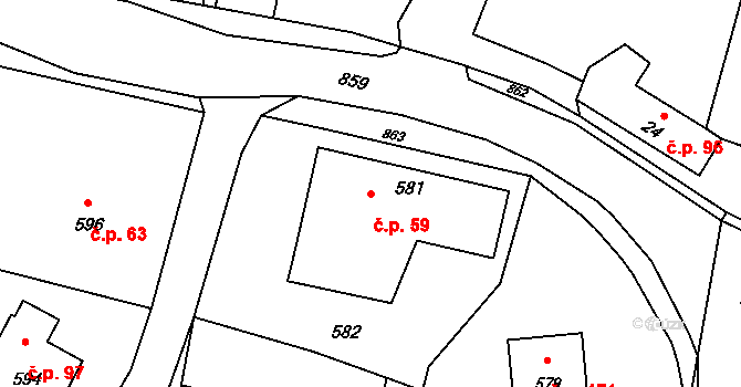 Děhylov 59 na parcele st. 581 v KÚ Děhylov, Katastrální mapa