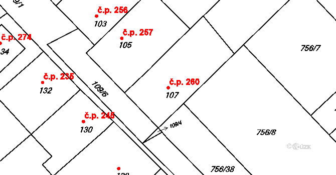Kobeřice u Brna 260 na parcele st. 107 v KÚ Kobeřice u Brna, Katastrální mapa