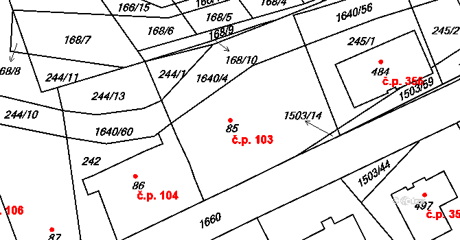 Rosice 103 na parcele st. 85 v KÚ Rosice u Chrasti, Katastrální mapa