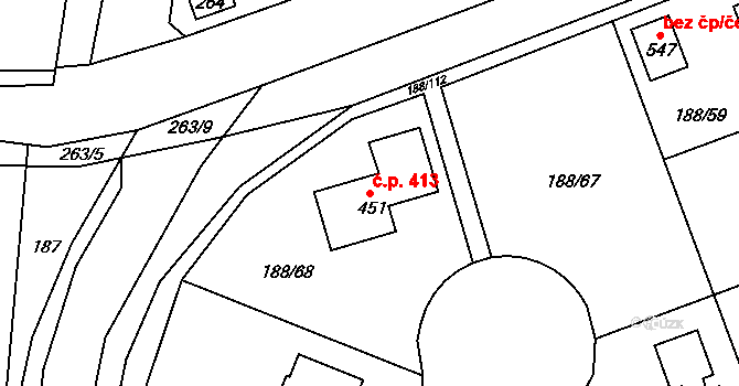 Radonice 413 na parcele st. 451 v KÚ Radonice u Prahy, Katastrální mapa