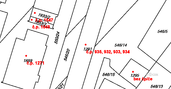 Milevsko 932,933,934,935 na parcele st. 1291 v KÚ Milevsko, Katastrální mapa