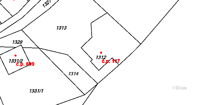 Rapotín 117 na parcele st. 1312 v KÚ Rapotín, Katastrální mapa