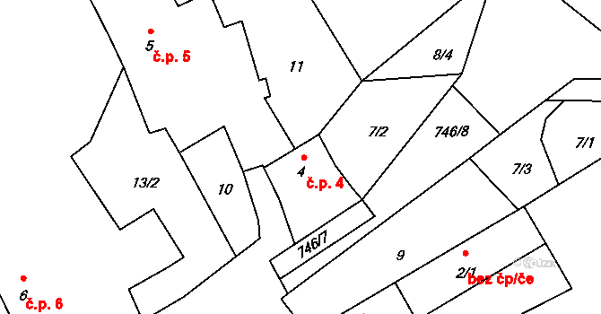 Přetín 4, Křenice na parcele st. 4 v KÚ Přetín, Katastrální mapa