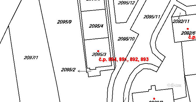 Třemošná 891,892,893,894 na parcele st. 2095/3 v KÚ Třemošná, Katastrální mapa