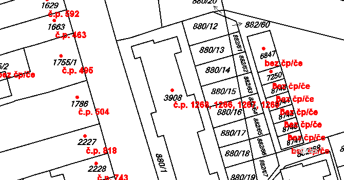 Bílé Předměstí 1266,1267,1268,1269, Pardubice na parcele st. 3908 v KÚ Pardubice, Katastrální mapa