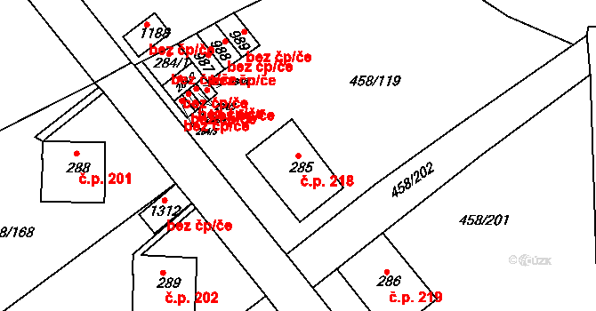 Adamov 218 na parcele st. 285 v KÚ Adamov, Katastrální mapa