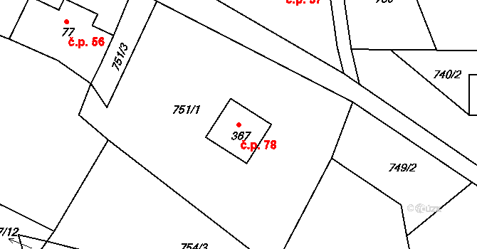 Dlouhý 78, Záhoří na parcele st. 367 v KÚ Smrčí u Semil, Katastrální mapa