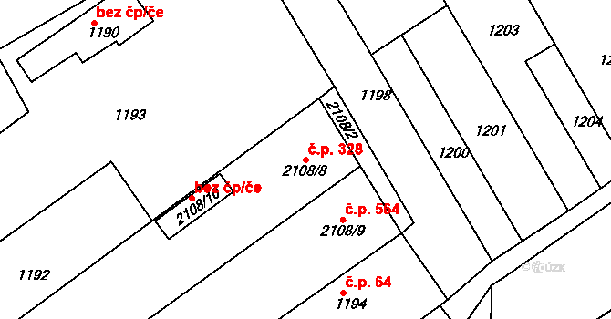 Hrušky 328 na parcele st. 2108/8 v KÚ Hrušky, Katastrální mapa
