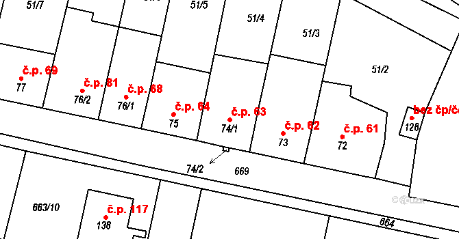 Skoky 63, Dolní Újezd na parcele st. 74/1 v KÚ Skoky u Staměřic, Katastrální mapa