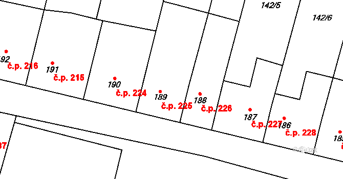 Rožďalovice 225 na parcele st. 189 v KÚ Rožďalovice, Katastrální mapa