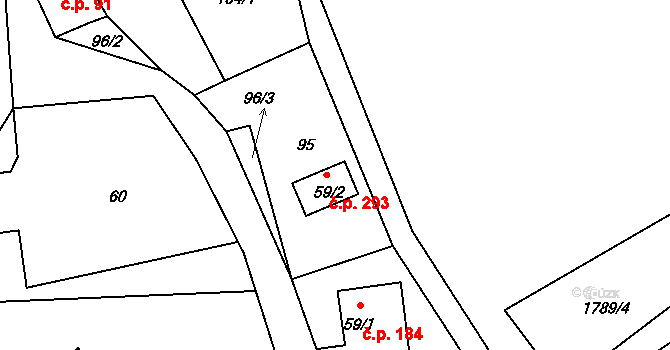 Kunratice u Cvikova 293 na parcele st. 59/2 v KÚ Kunratice u Cvikova, Katastrální mapa