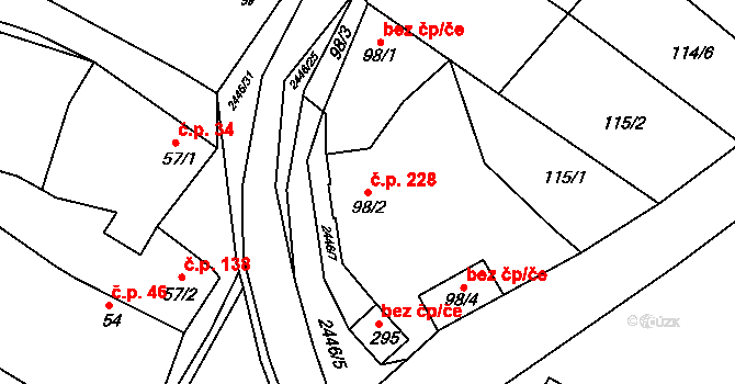 Ježov 228 na parcele st. 98/2 v KÚ Ježov, Katastrální mapa