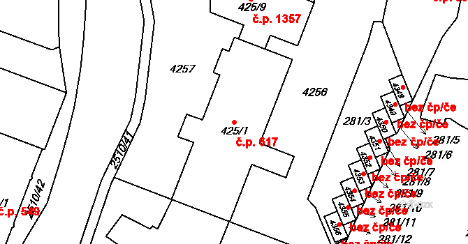 Kyjov 617 na parcele st. 425/1 v KÚ Kyjov, Katastrální mapa