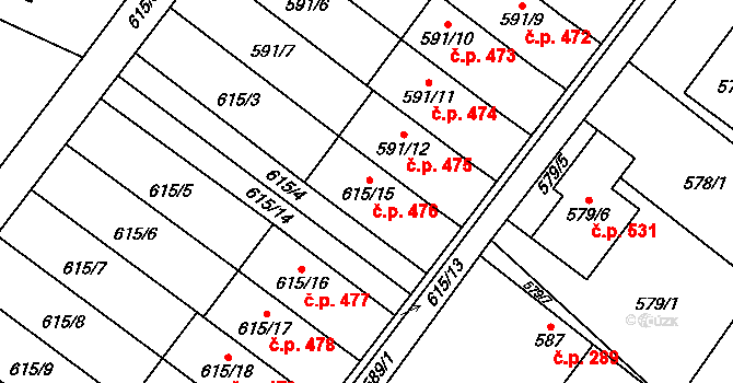 Krmelín 476 na parcele st. 615/15 v KÚ Krmelín, Katastrální mapa