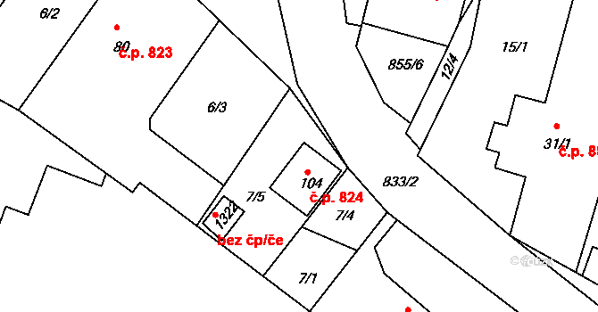 Těptín 824, Kamenice na parcele st. 104 v KÚ Těptín, Katastrální mapa
