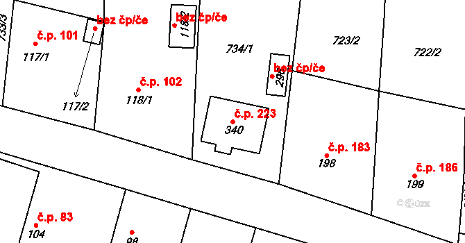 Újezd 223 na parcele st. 340 v KÚ Újezd u Hořovic, Katastrální mapa