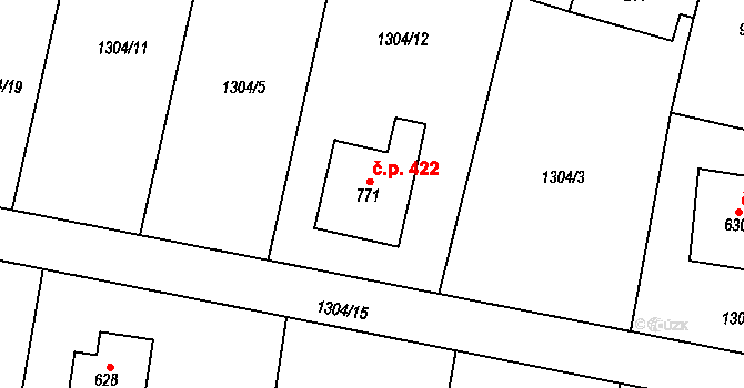 Hudlice 422 na parcele st. 771 v KÚ Hudlice, Katastrální mapa