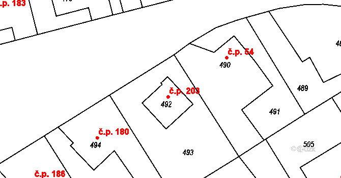 Choryně 203 na parcele st. 492 v KÚ Choryně, Katastrální mapa