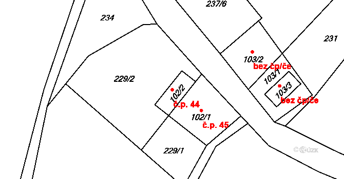 Dolní Orlice 44, Červená Voda na parcele st. 102/2 v KÚ Dolní Orlice, Katastrální mapa